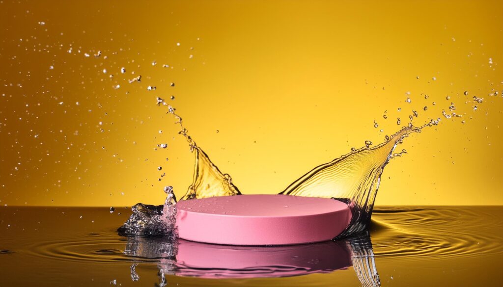 empty pink podium mockup with water splash on a yellow gradient background for product display Stock Free