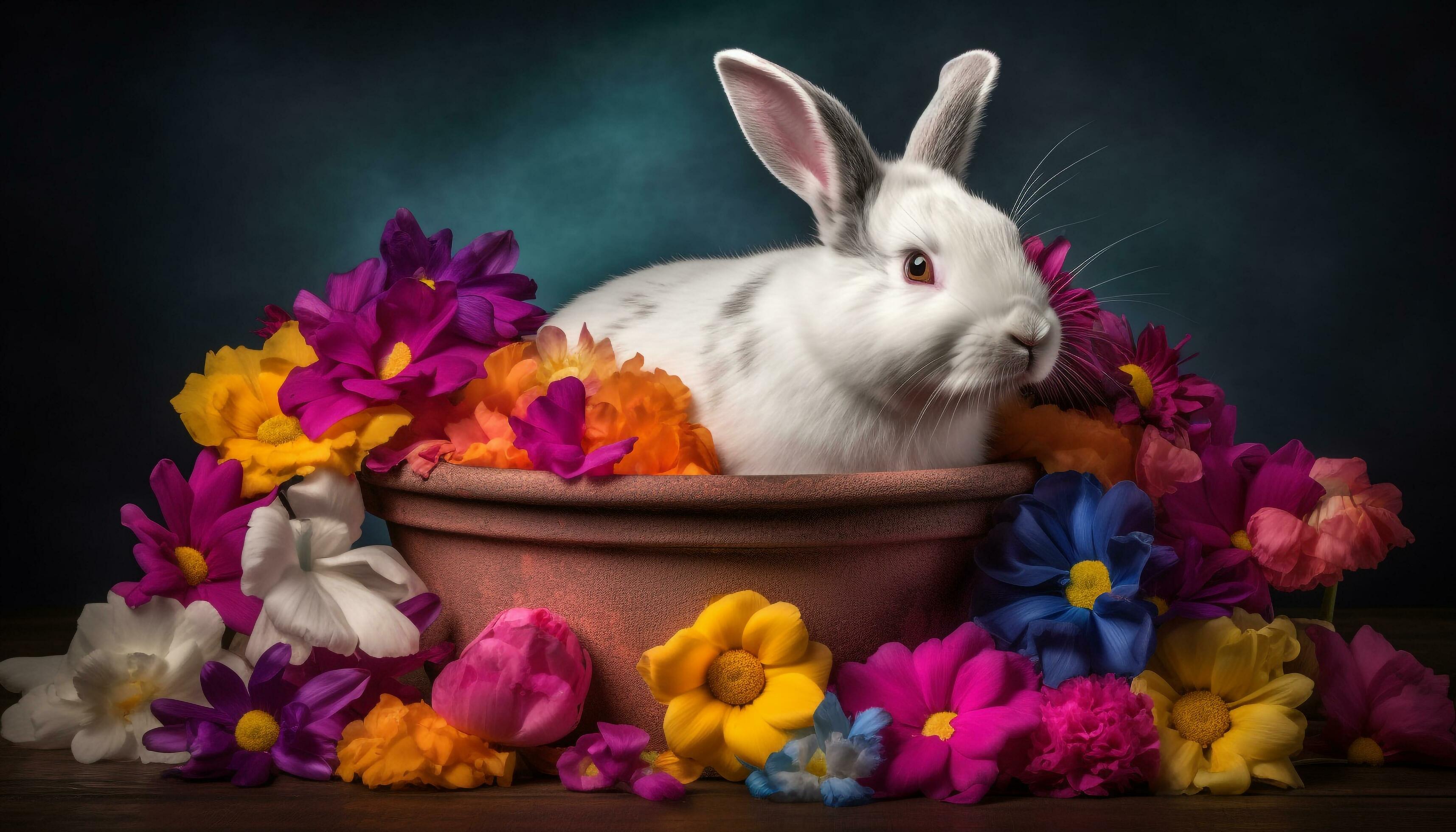 
									Fluffy baby rabbit sits in flower pot generated by AI Stock Free