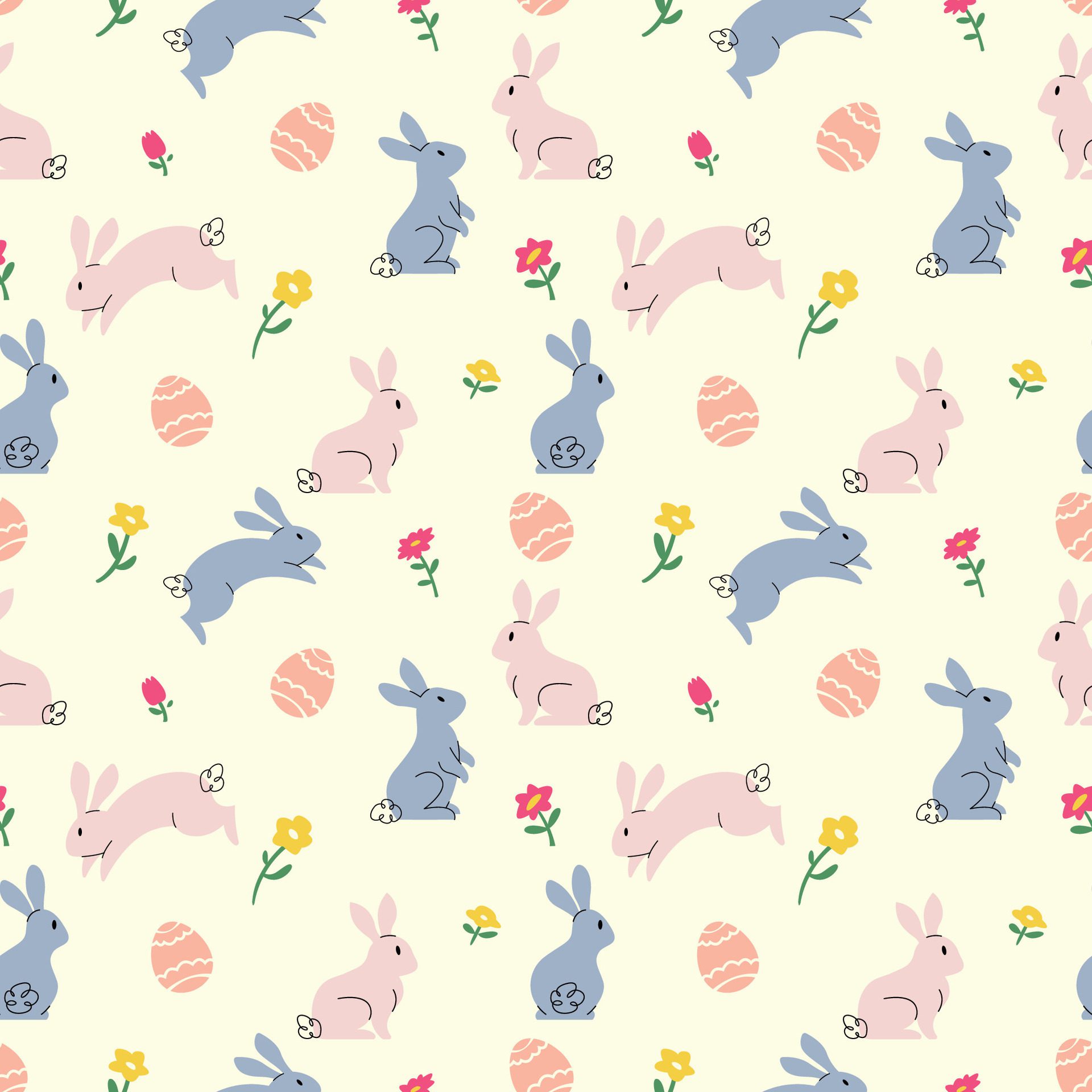 EASTER BUNNY AND EGG WITH FLOWER SEAMLESS PATTERN Free Vector