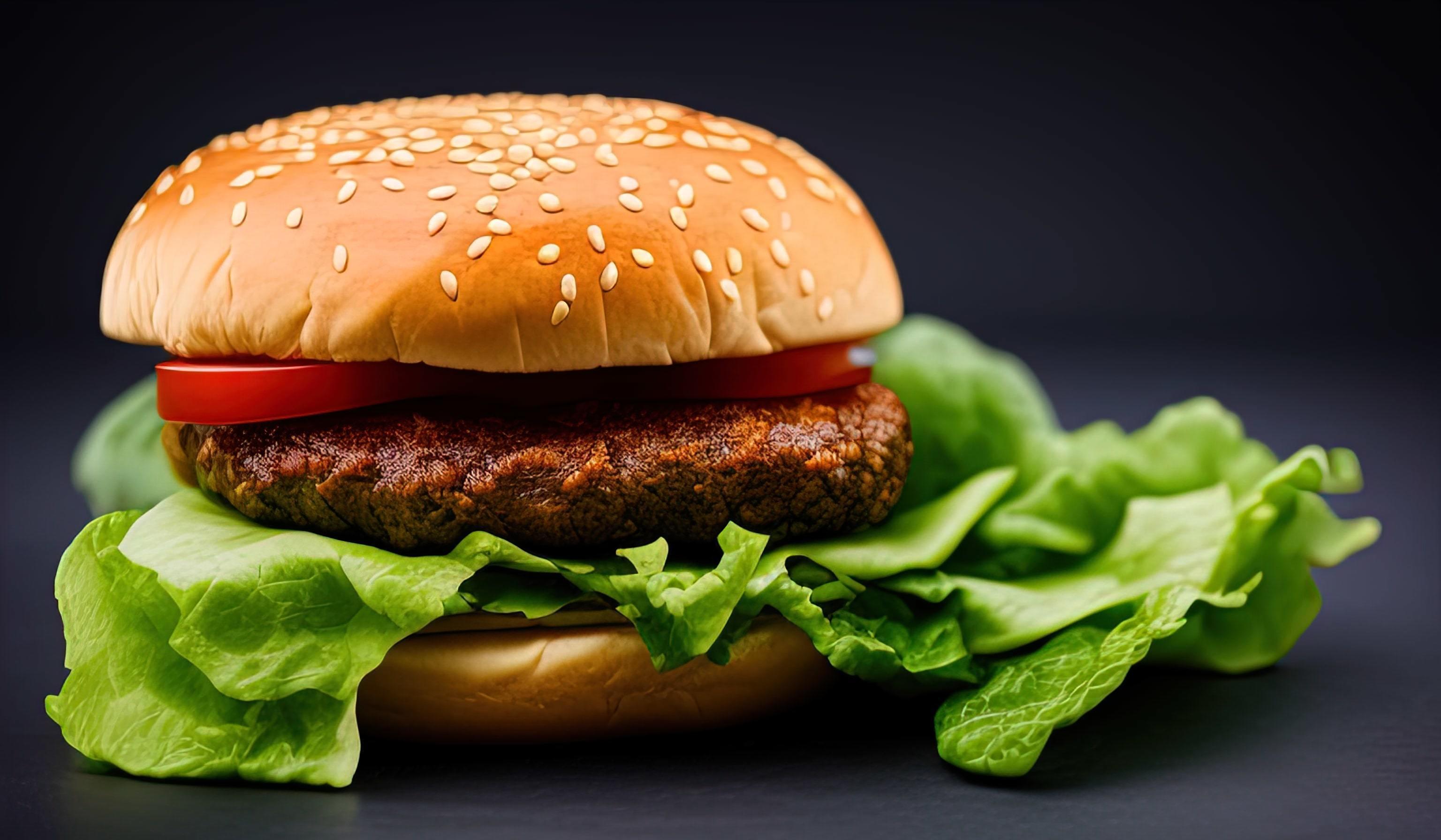 professional food photography close up of a a hamburger with lettuce and tomato on a black backgroun Stock Free