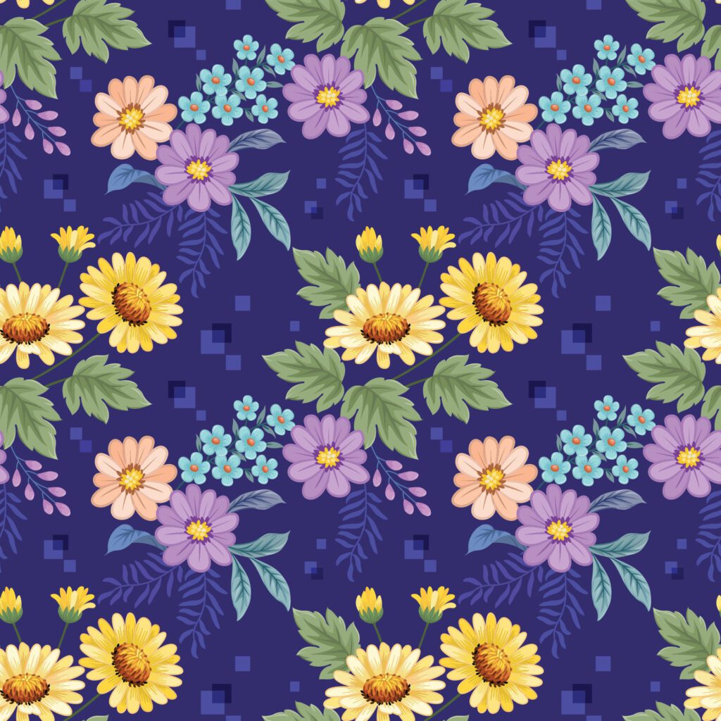 Beautiful blooming flowers on blue color background seamless pattern. Free Vector