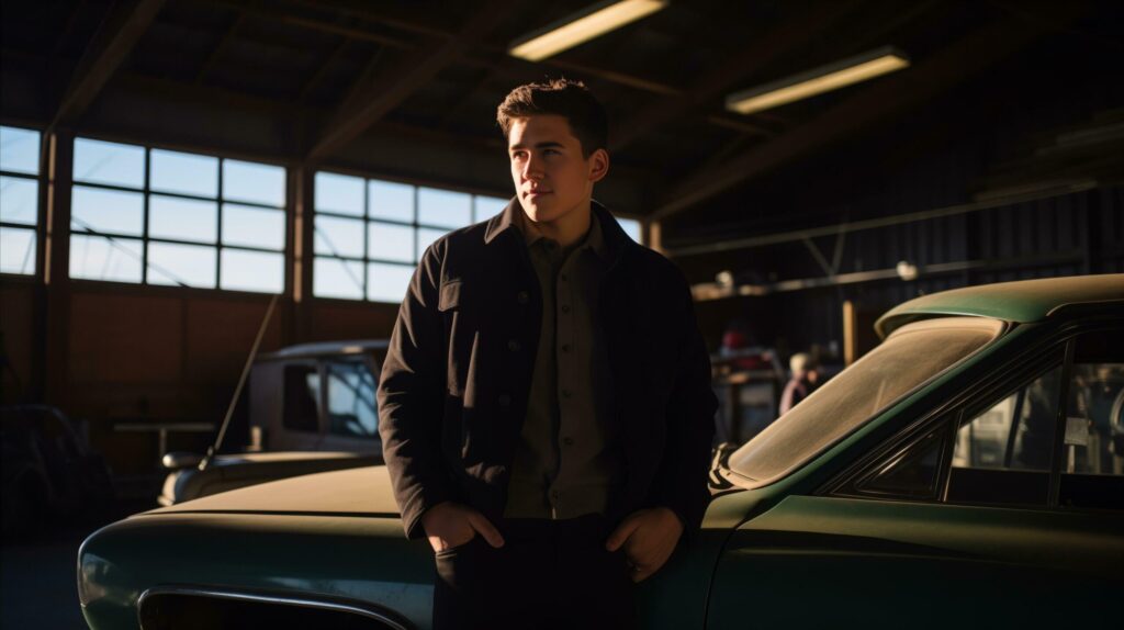 A man standing beside a vintage car in a garage, showcasing the classic charm of the automobile. Generative AI Free Photo