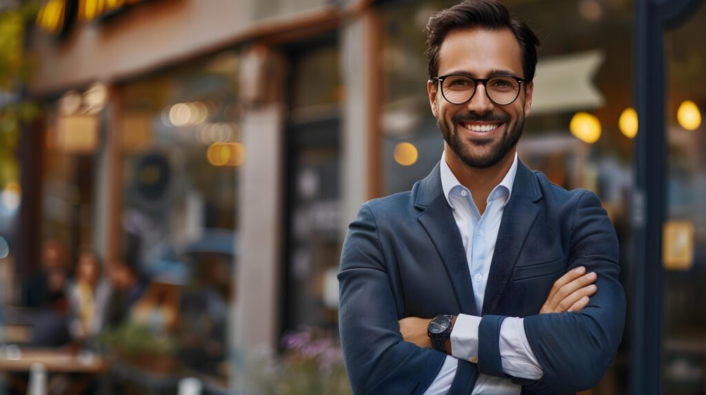 Confident Young Business Professional Smiling and Posing Outdoors in Modern Urban Setting Stock Free