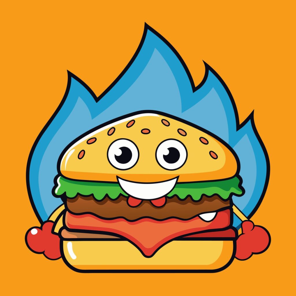 art of burger cheese with fire cartoon style flat icon illustration Stock Free