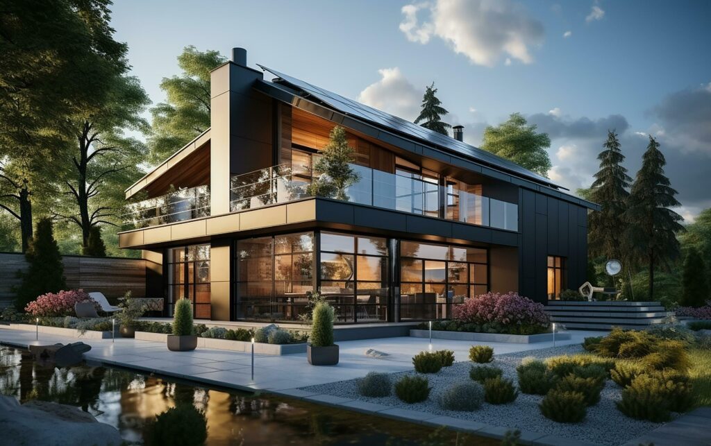 unique industrial architecture house in daylight, photo-realistic AI generative Stock Free