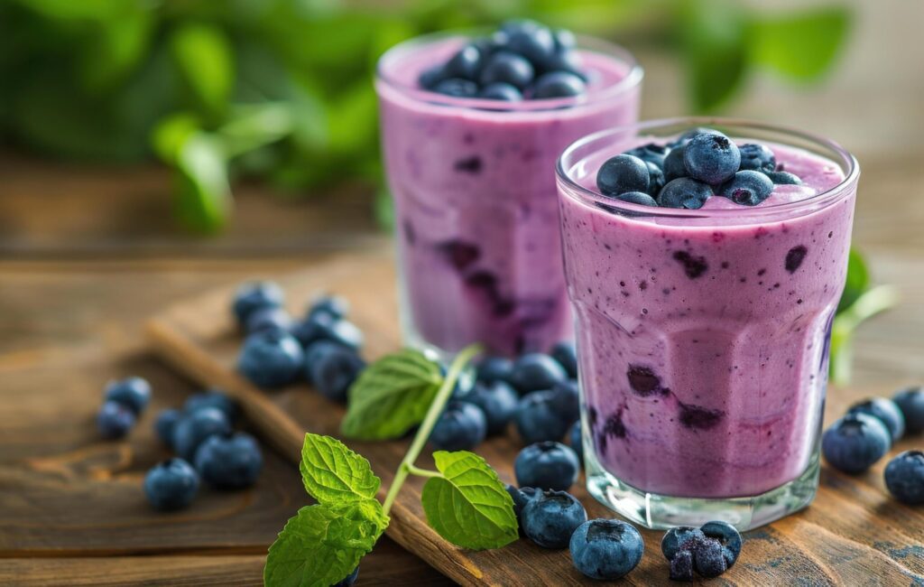 two glasses of blueberry smoothie on a wooden table Free Photo