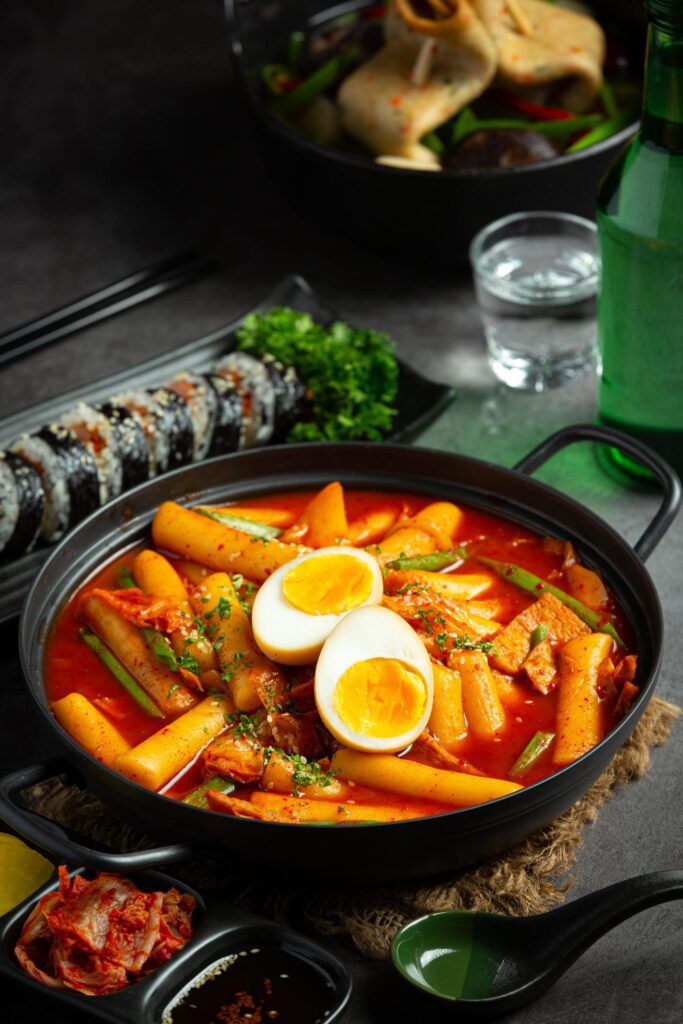 Cheesy Tokbokki korean traditional food on black board background. Lunch dish. Stock Free