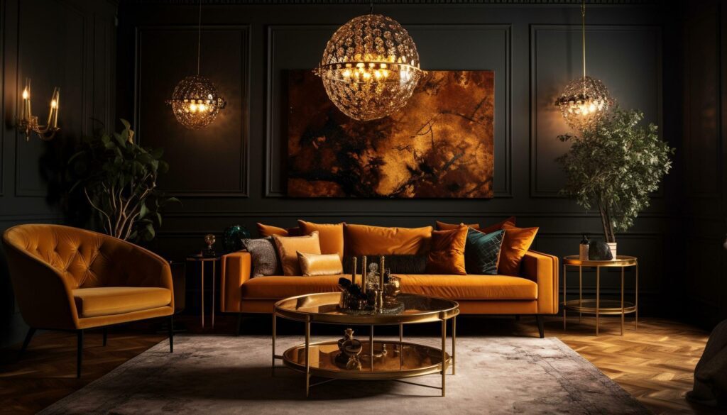 Luxury modern living room illuminated by chandelier generated by AI Stock Free