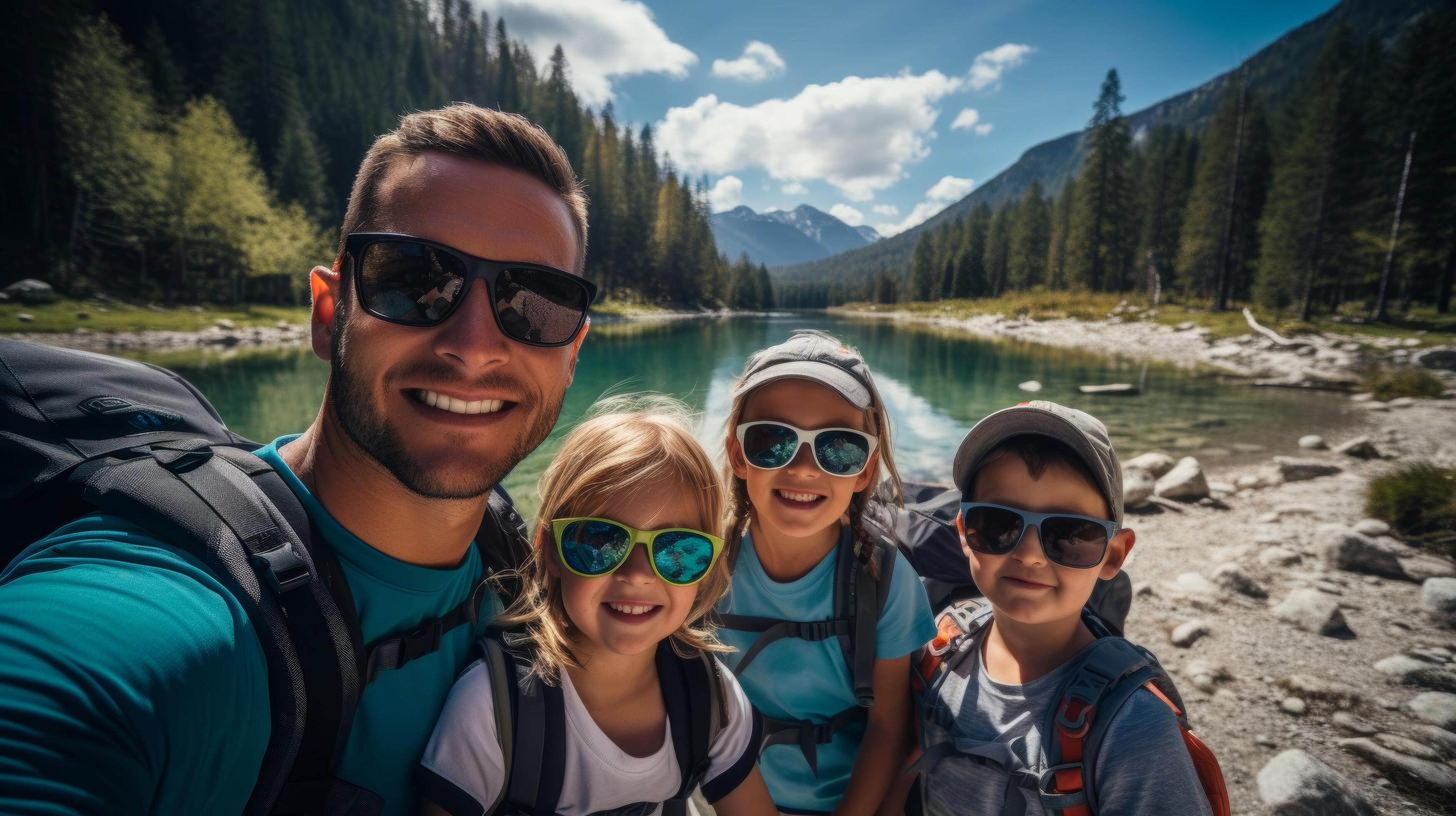 Young family with children biking on a scenic trail, capturing the active and healthy lifestyle of outdoorloving families Stock Free