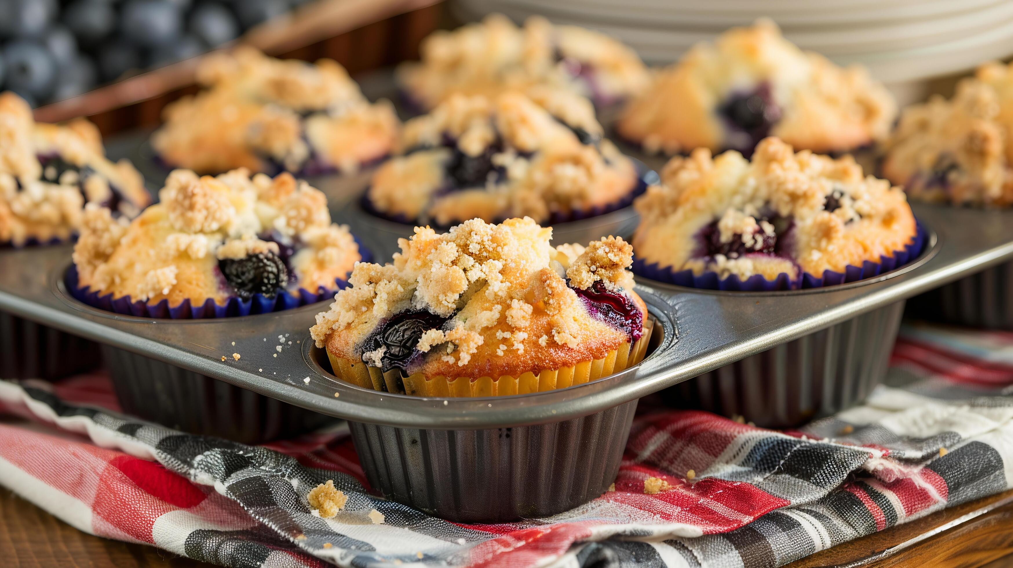 Classic blueberry muffins with a streusel topping, presented in a vintage muffin tin. Stock Free