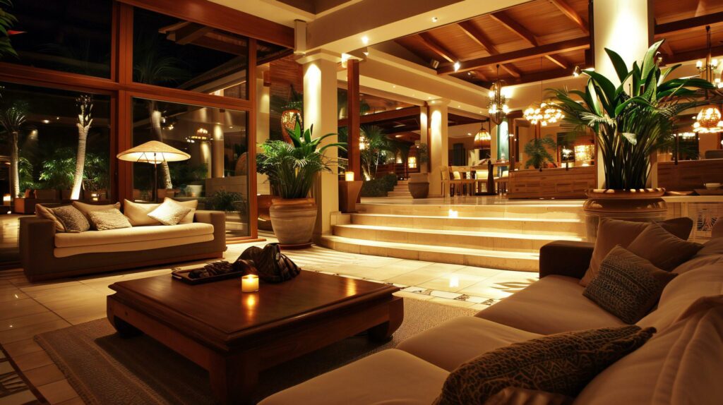 Luxurious Tropical Resort Lobby with Elegant Lighting Free Photo