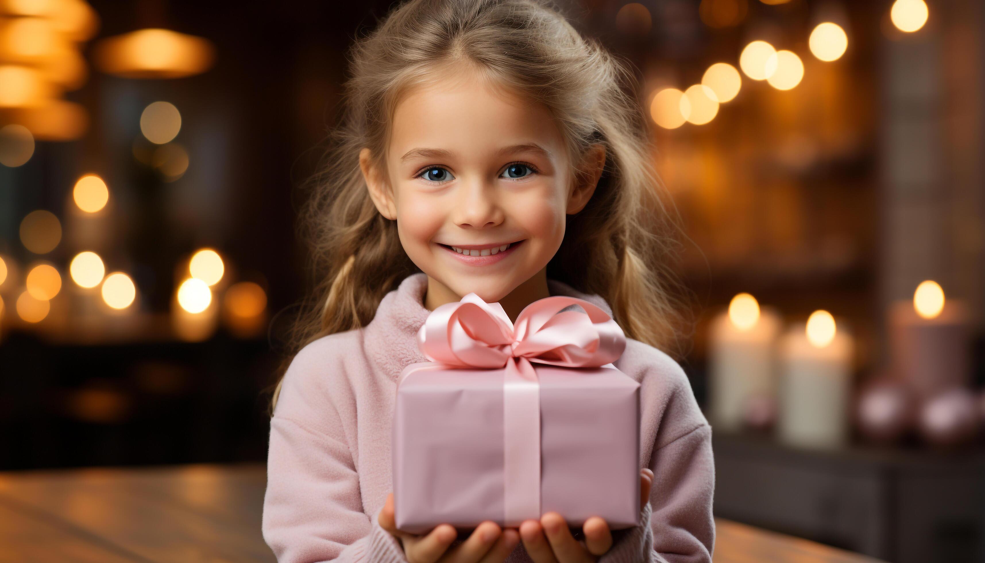 AI generated Cute girl smiling, holding gift, celebrating Christmas with family generated by AI Stock Free