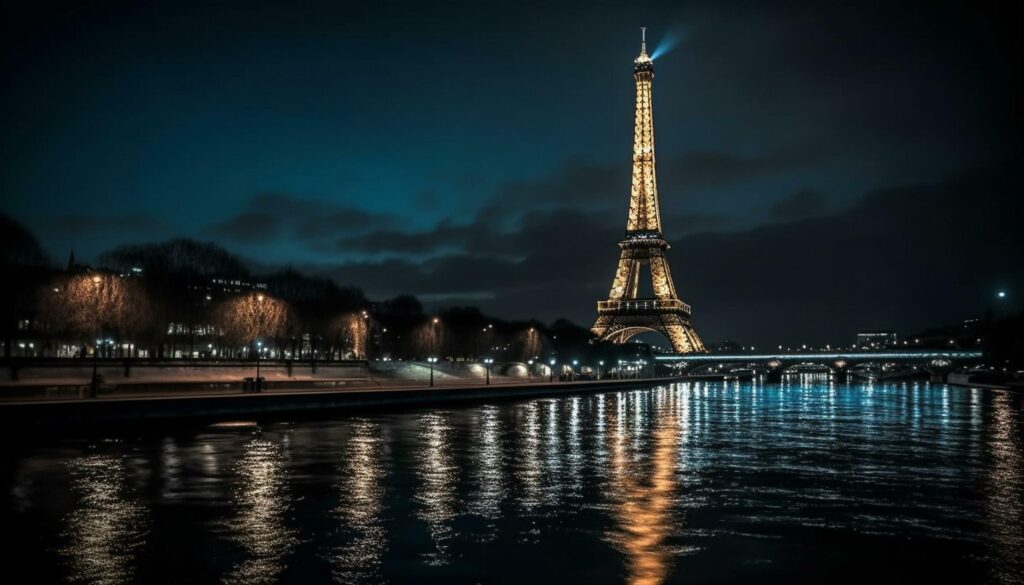 Majestic city skyline illuminated at dusk, reflecting history generated by AI Stock Free