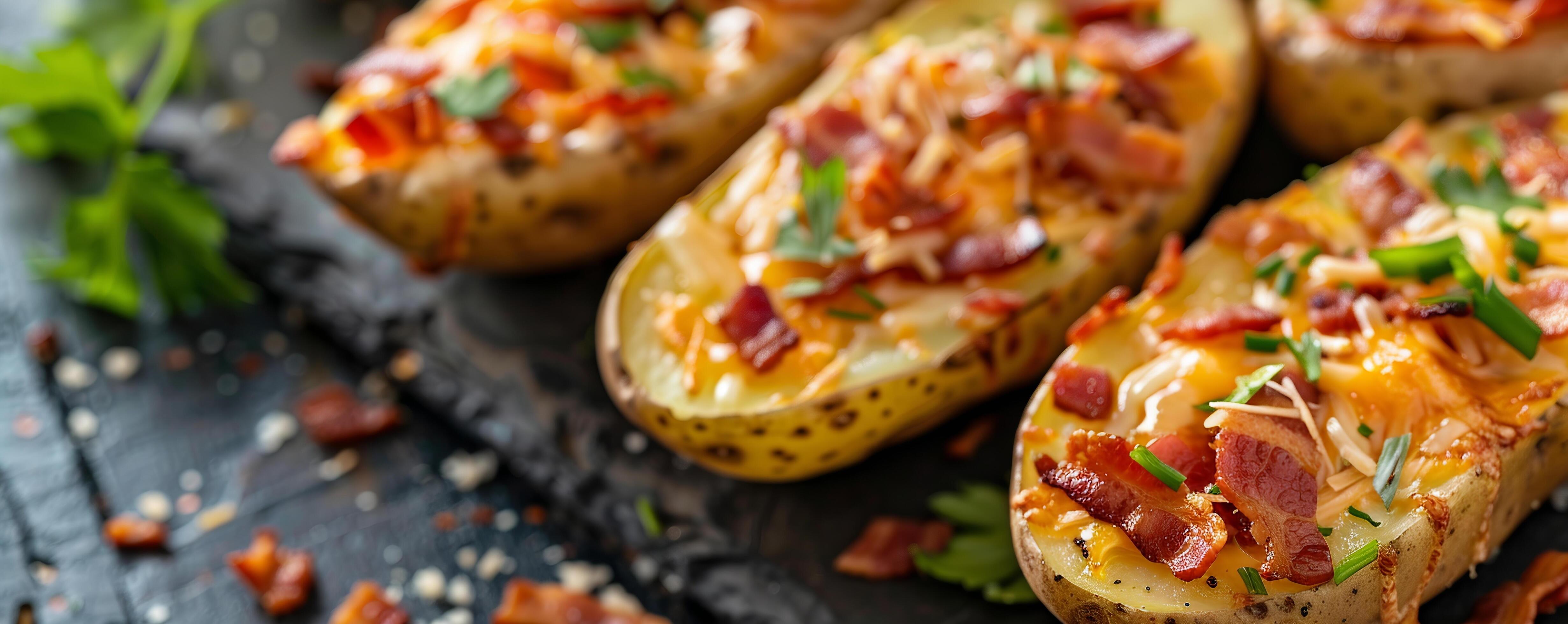 Classic pub-style potato skins loaded with cheese, bacon, and sour cream. Stock Free