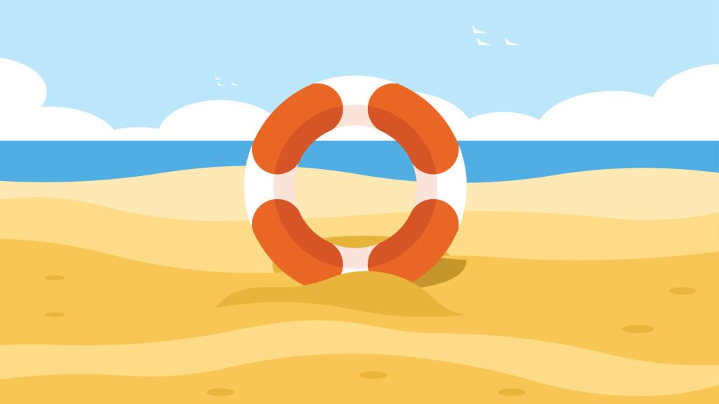 swimming donut inflatable on a sandy beach with ocean in the background Free Vector