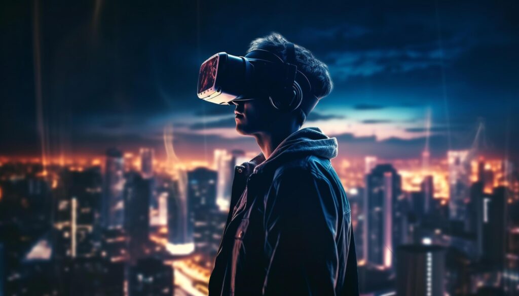 Young adult exploring futuristic cityscape with VR generated by AI Stock Free