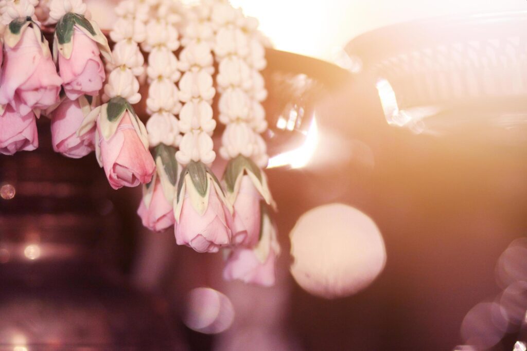 Flower garlands on a gold tray in tradition Thai wedding ceremony day. Jasmine garland Stock Free