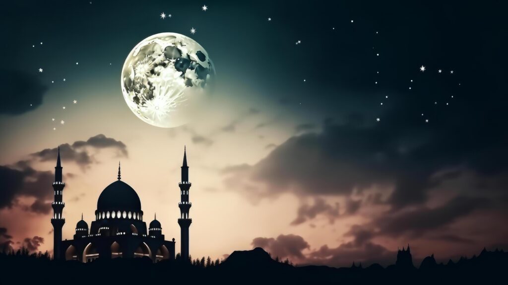 Mosque in front of night cloudy and starry sky Illustration Stock Free