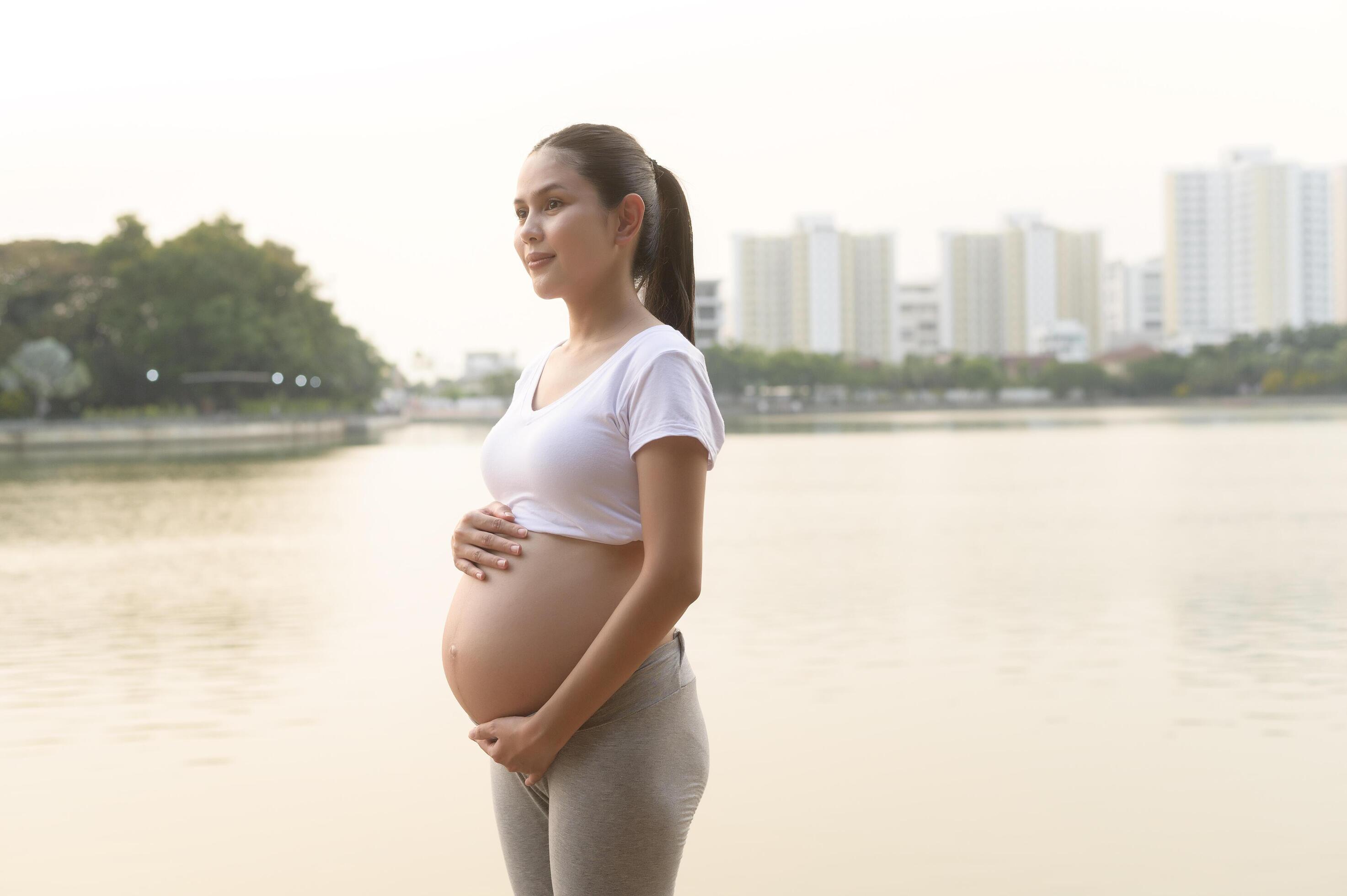 Portrait of Beautiful pregnant woman in the park, Healthy and active pregnancy lifestyle concept. Stock Free