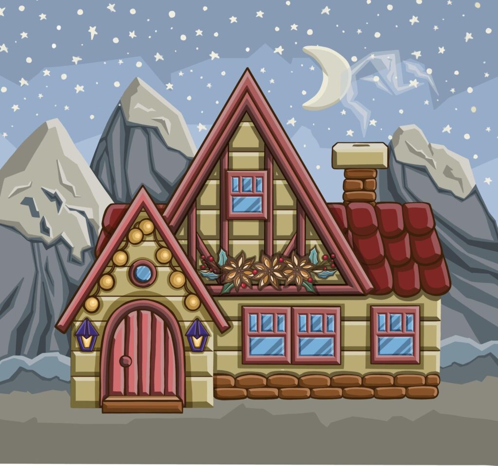 Snow-covered Christmas decorated house on a winter night under the moon. High quality illustration Stock Free