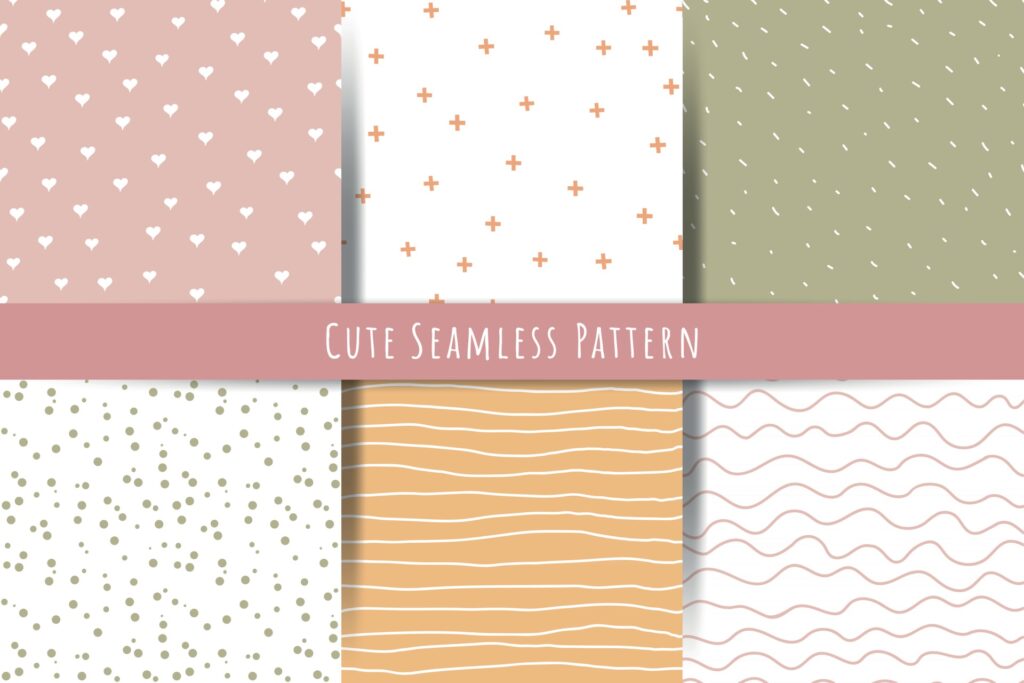 A set of simple minimalistic summer spring seamless patterns Gentle ornaments with lines drops hearts shapes Free Vector