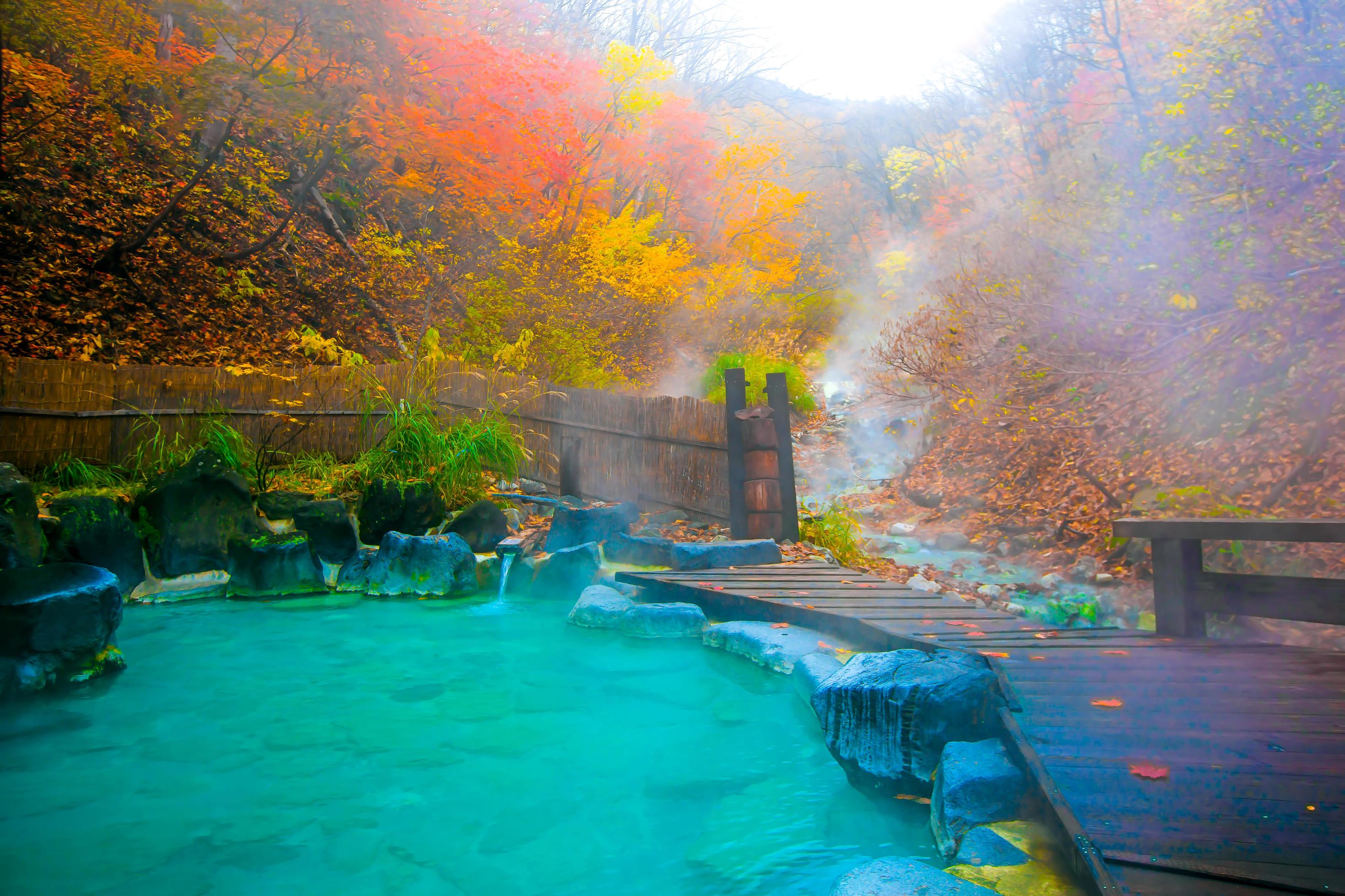 Japanese Hot Springs Onsen Natural Bath Surrounded by red-yellow leaves. In fall leaves fall in Yamagata. Japan. Stock Free