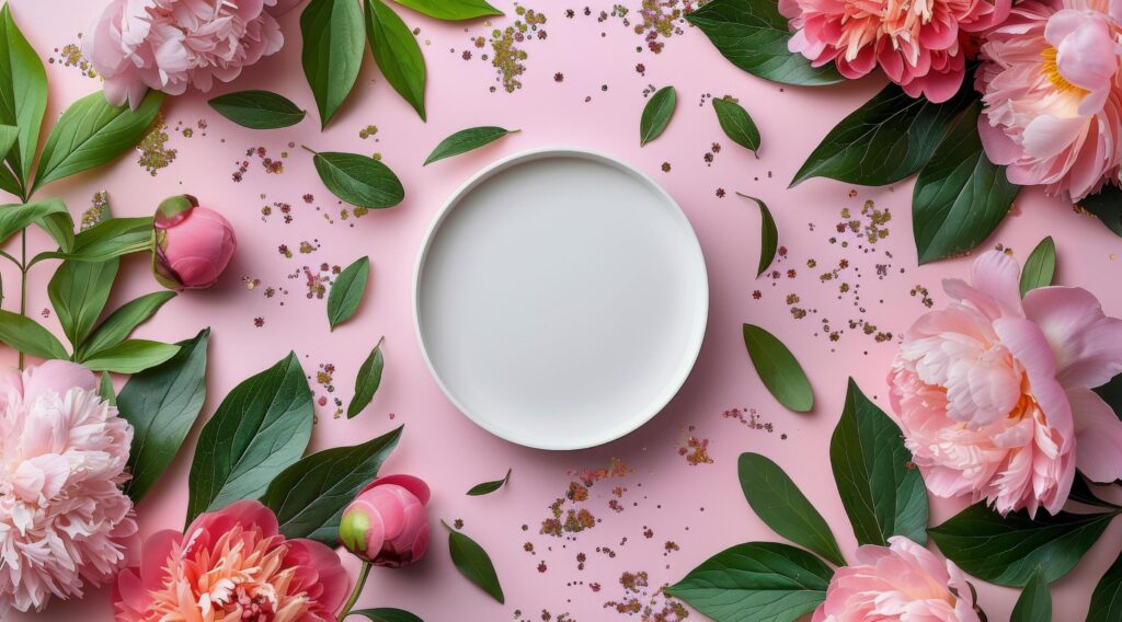 White Plate Surrounded by Pink Peonies and Green Leaves on a Pink Background Stock Free