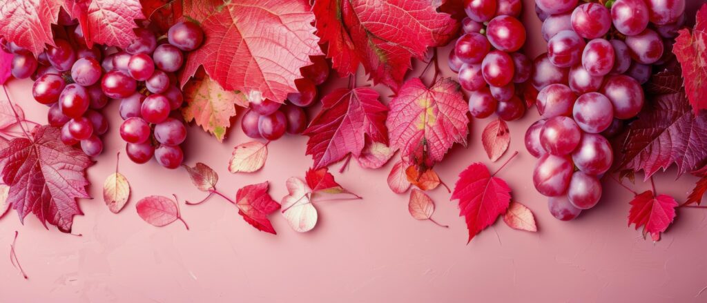 Fresh Grape Clusters and Red Autumn Leaves on Pink Background Stock Free