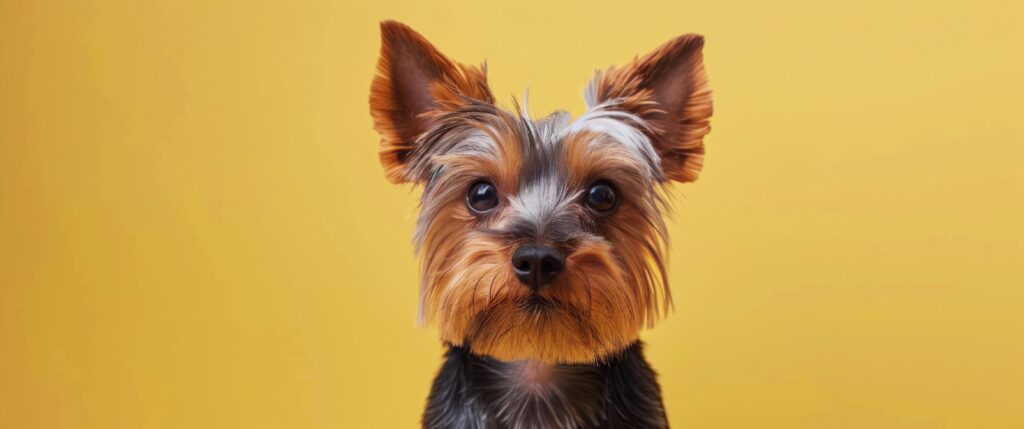 Yorkshire Terrier Dog Looking At Camera On Yellow Background Stock Free