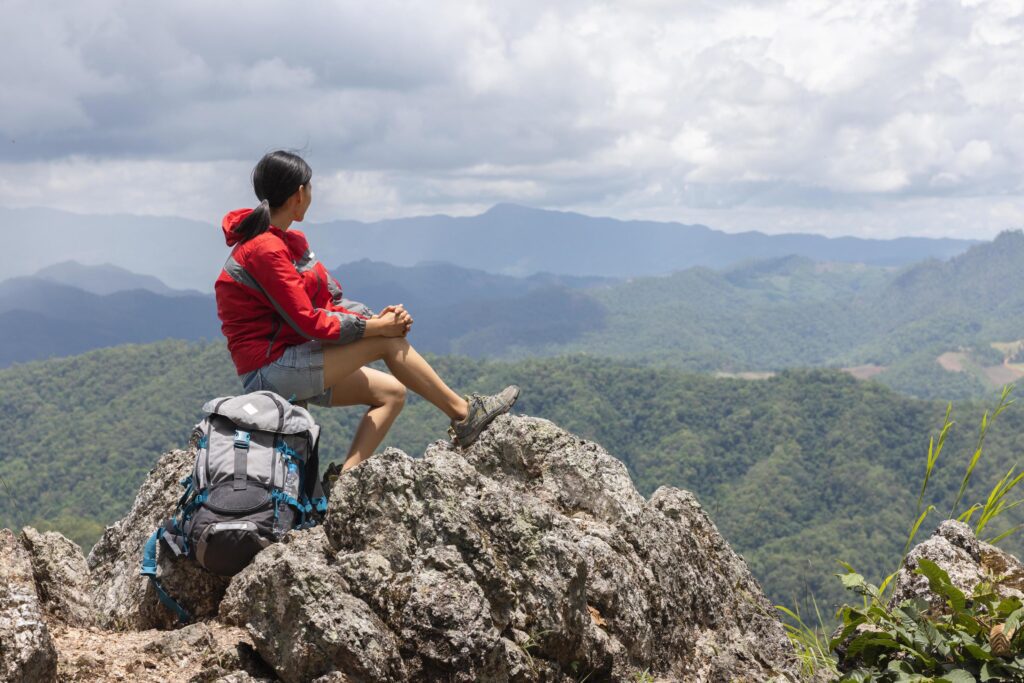 Young traveler woman with stylish backpack looking forward at amazing mountains view. Enjoying nature, relax, pleasure. Stock Free