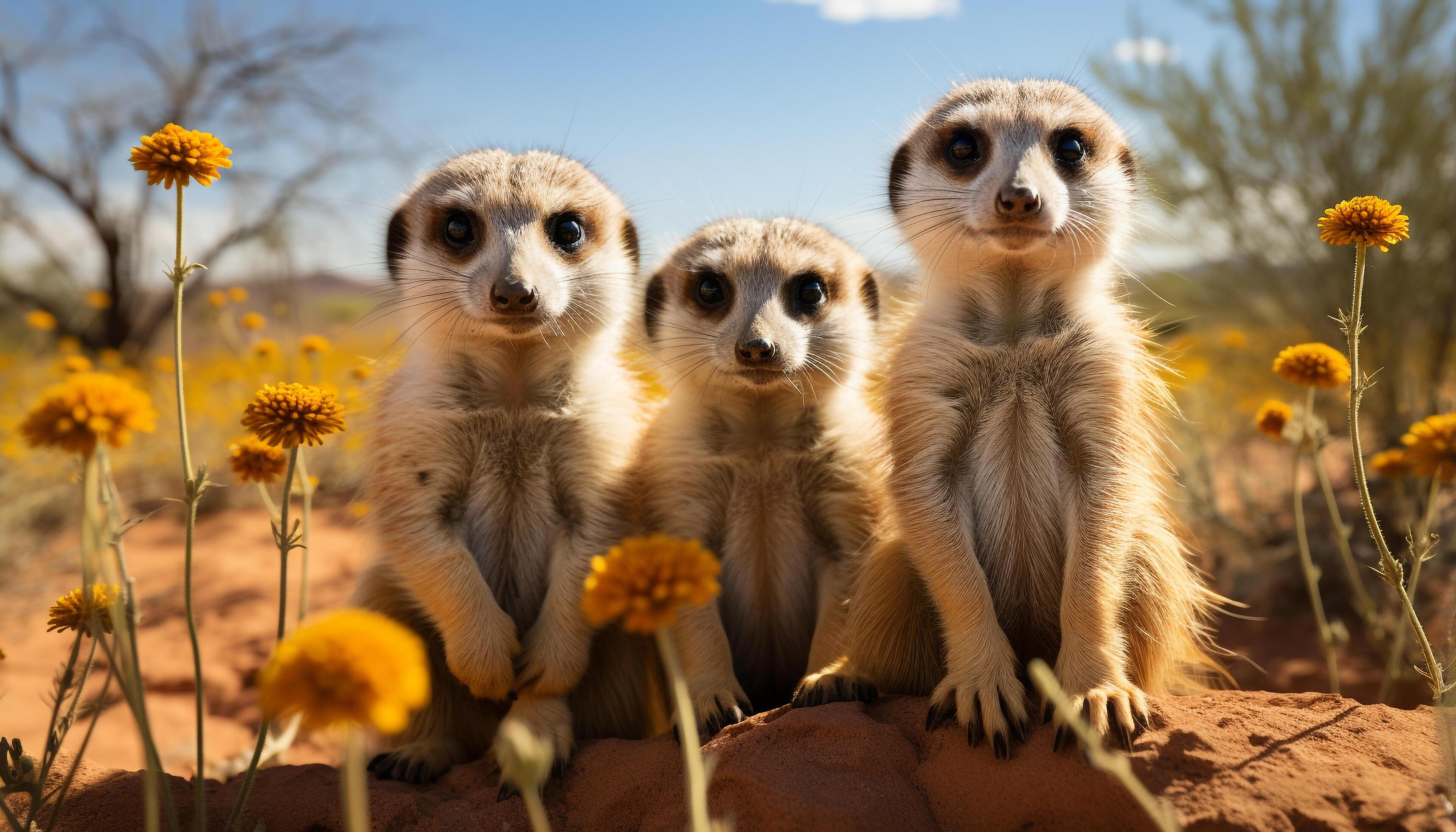 AI generated Cute meerkat family sitting outdoors, watching nature small group generated by AI Stock Free