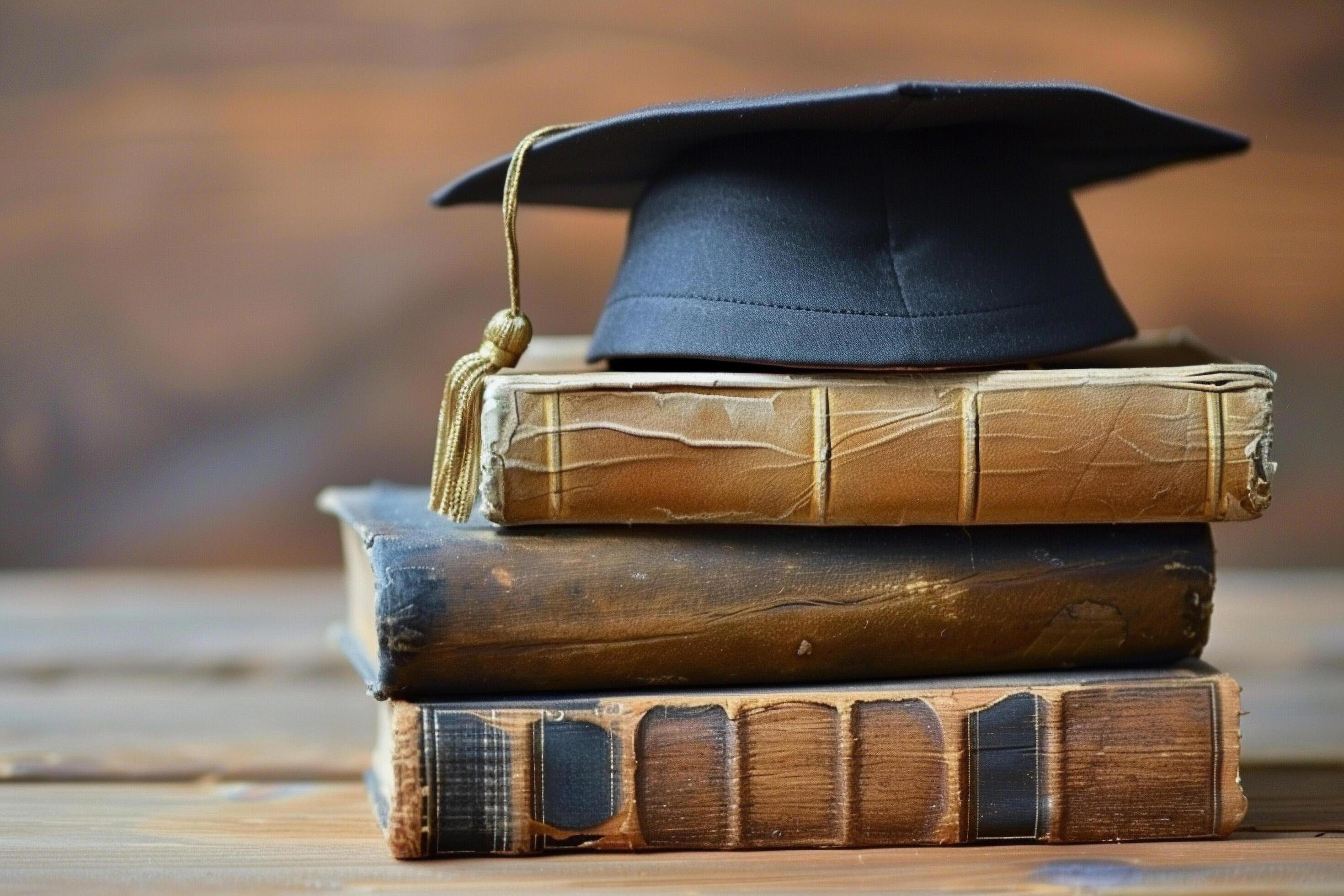 A graduation bachelor cap on a stack of book, knowledge and education concept. Stock Free