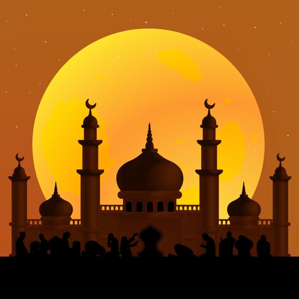 a poster for a mosque with a moon and a moon in the background Free Vector