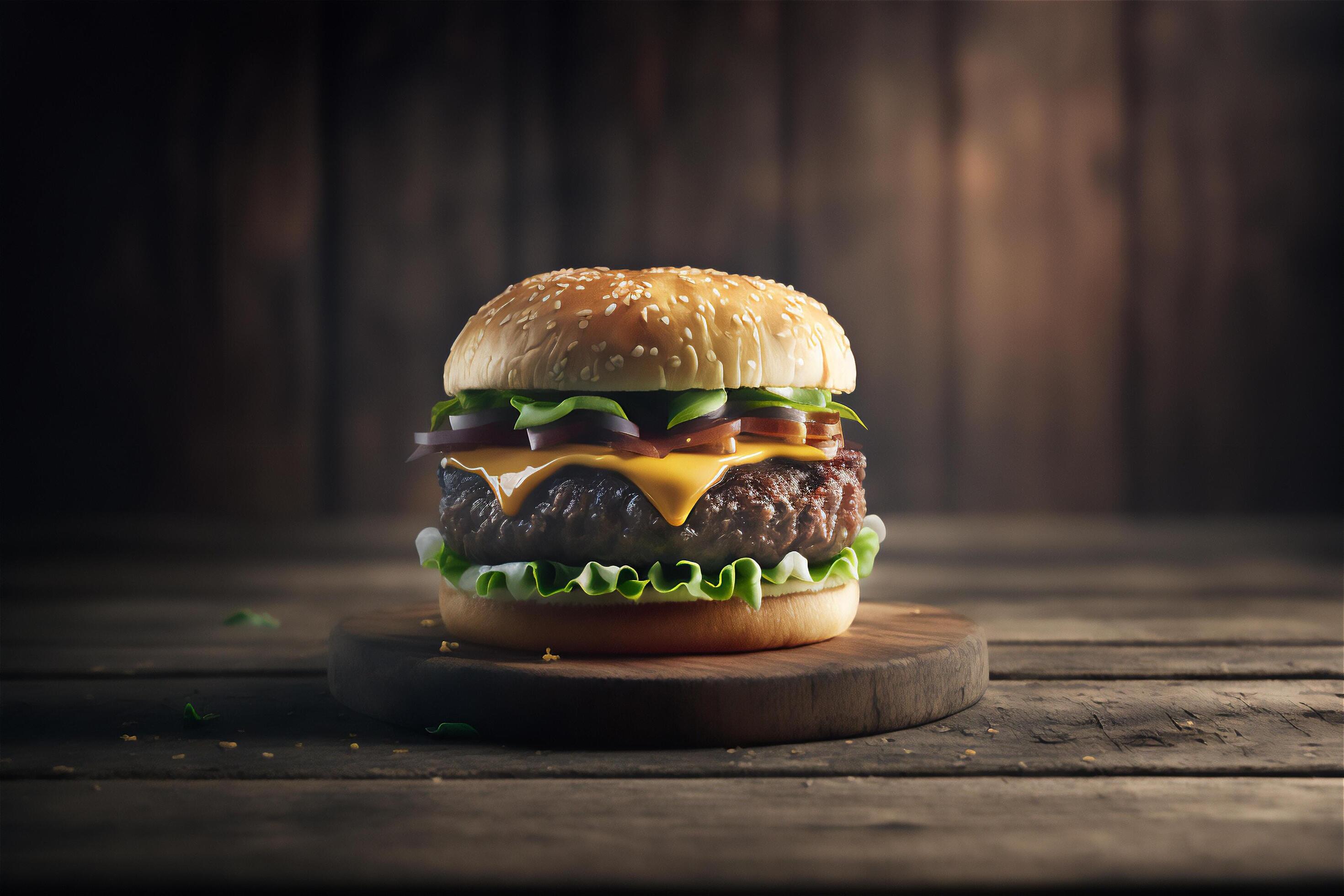 Tasty homemade hamburger on rustic wooden table. Copy space. Advertising. . Fast food snack Stock Free