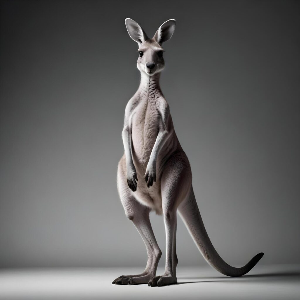 a kangaroo standing on its hind legs in front of a gray background Stock Free