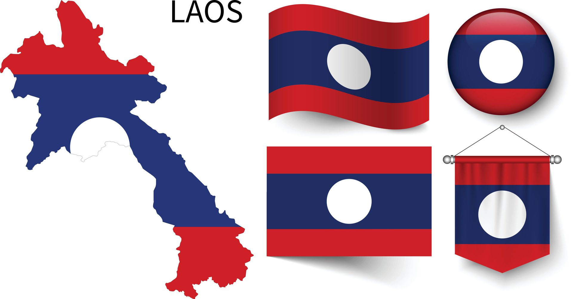 The various patterns of the Laos national flags and the map of the Laos borders Free Vector