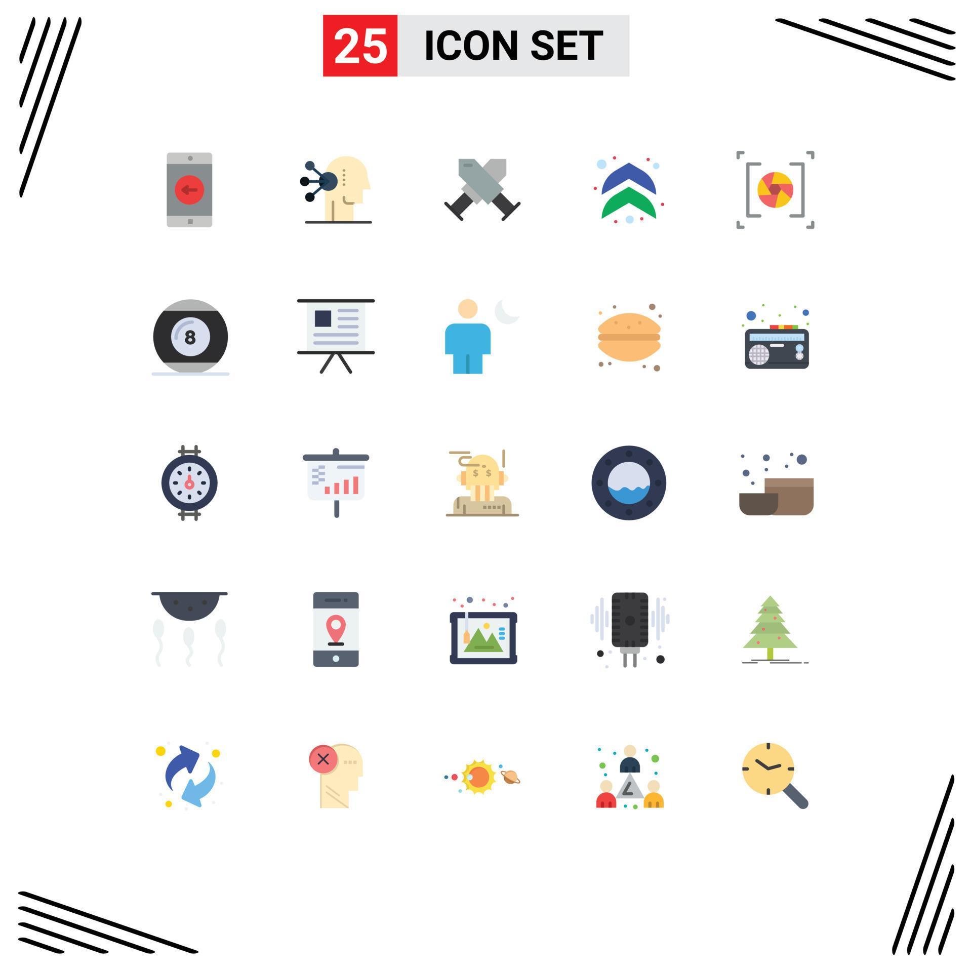 Mobile Interface Flat Color Set of 25 Pictograms of lens camera achievement up arrow Editable Vector Design Elements Stock Free