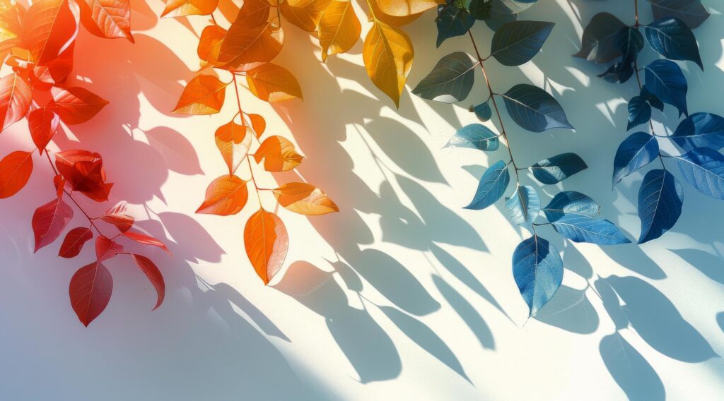 Vibrant Autumn Leaves Casting Shadows on White Background Stock Free