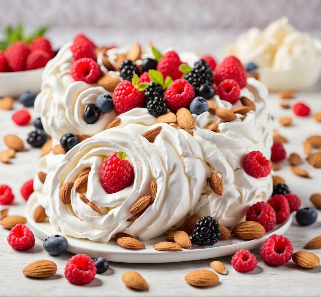 
									Meringue Pavlova with fresh raspberries, blackberries, blueberries and almonds Free Photo