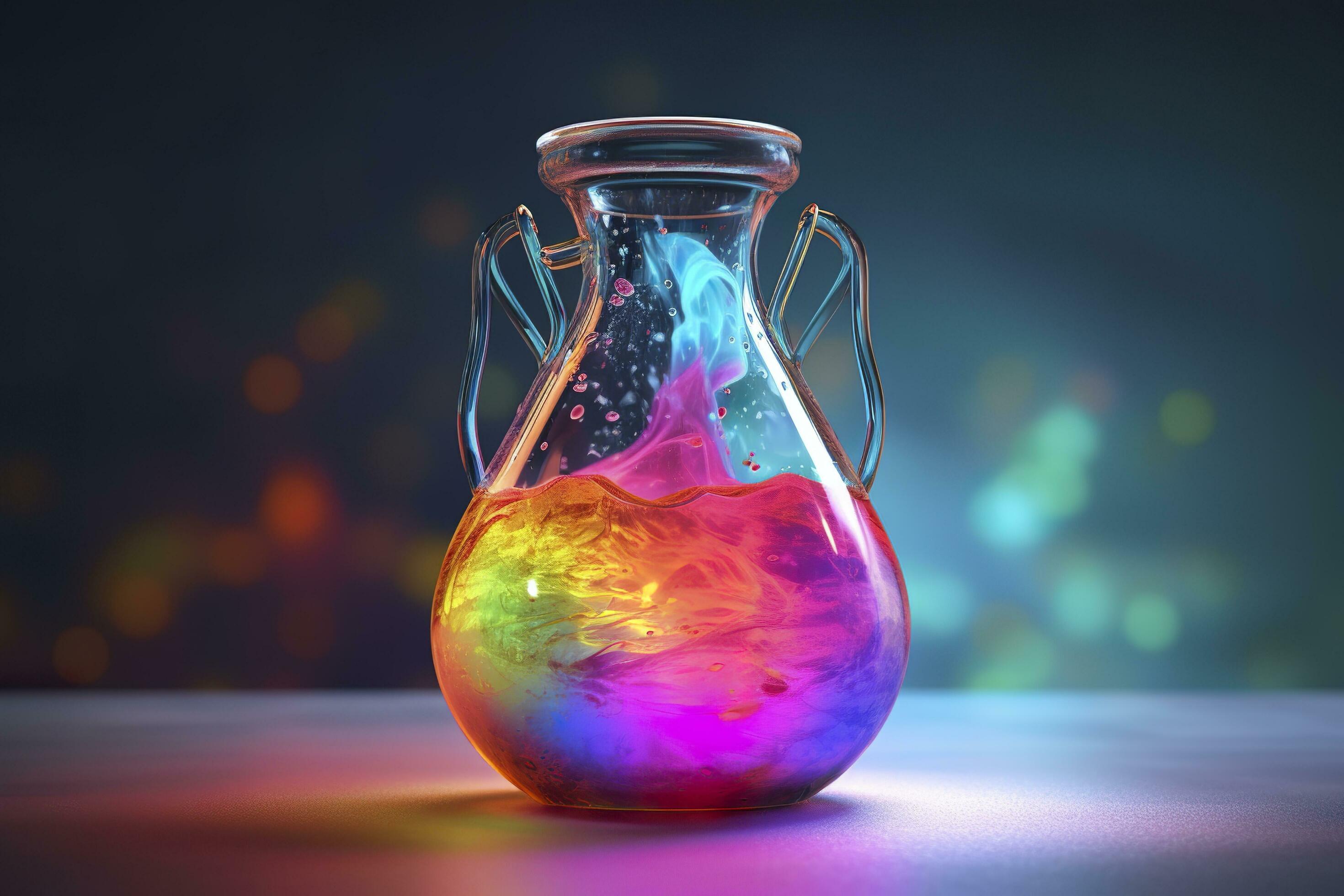 Close Up of a Science Beaker Filled with Multi Colored Liquids. AI Generative Stock Free