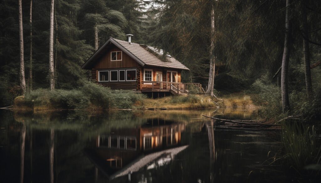 Rustic log cabin nestled in tranquil forest near mountain range generated by AI Stock Free