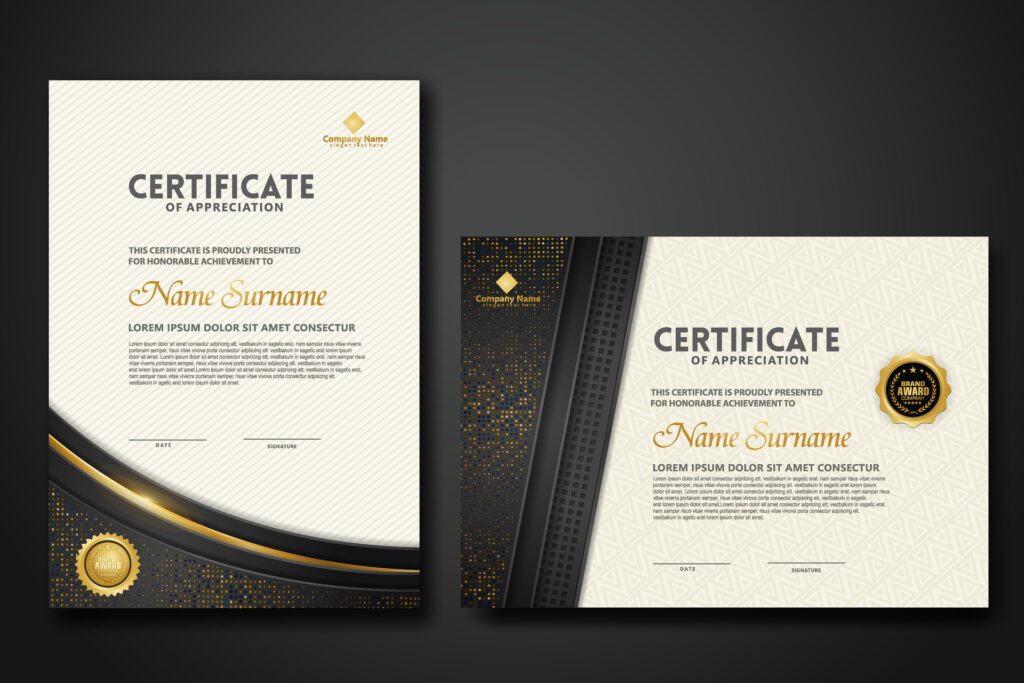 Luxury certificate template with glitter effect dan lines gold shine on frame background Free Vector