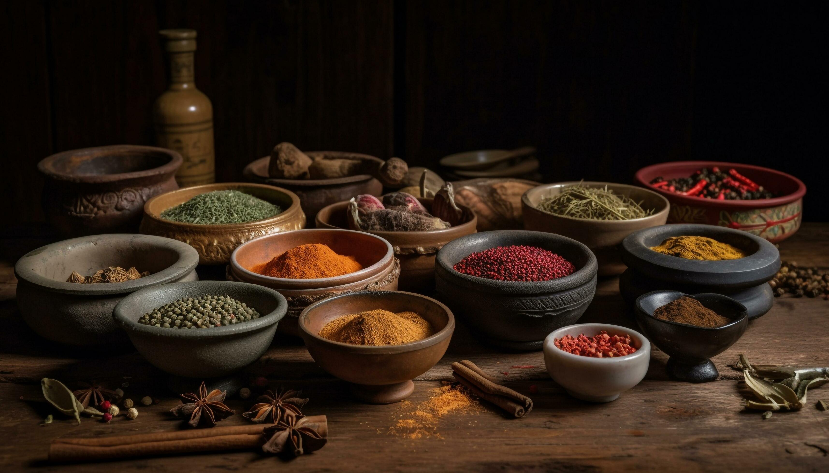 Multi colored spices season food in wooden bowls generated by AI Stock Free