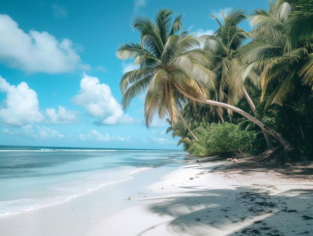 serene beach with coconut trees. background Free Photo