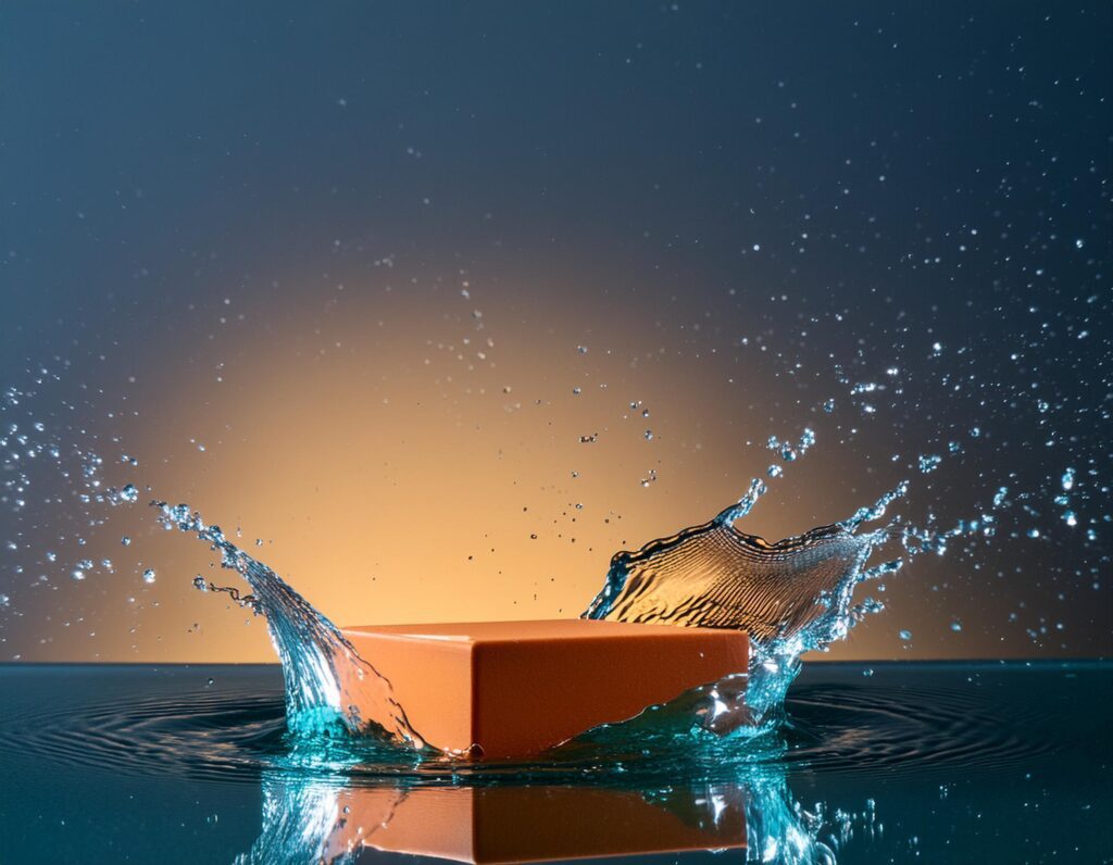 empty orange podium mockup with water splash on a gradient background for product display Stock Free