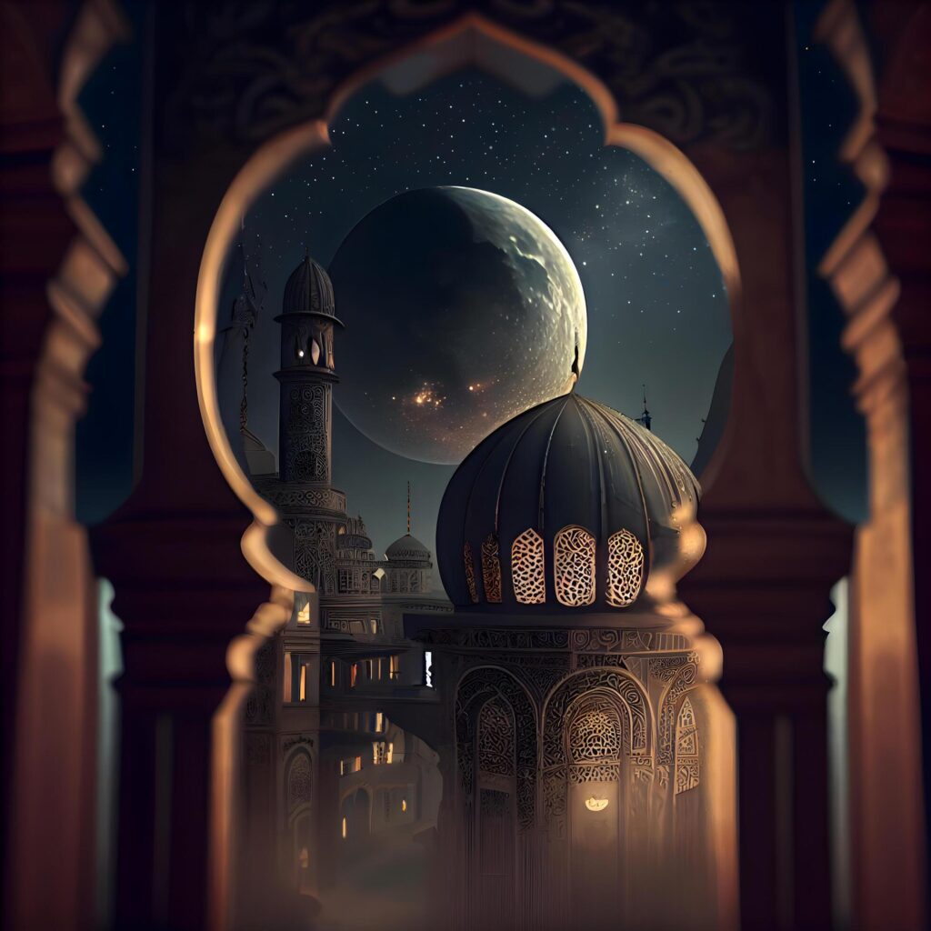 Ramadan Kareem background with mosque and moon. 3d rendering, Image Stock Free