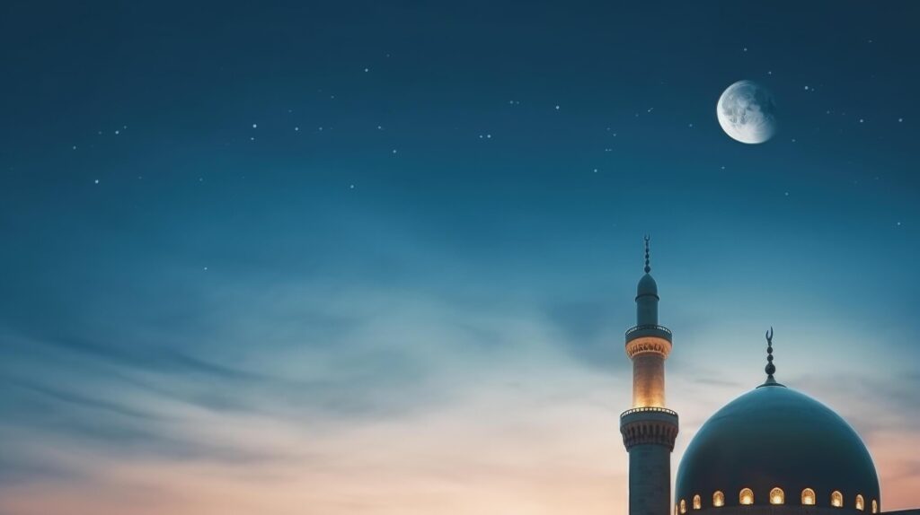 Mosques Dome on dark blue twilight sky and Crescent Moon on background Illustration Stock Free