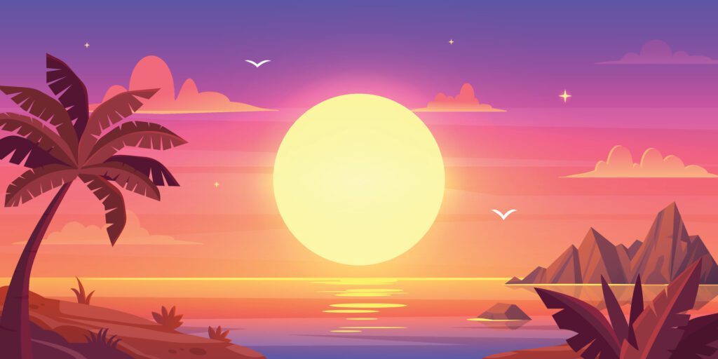 Cartoon sunset background with a palm Free Vector