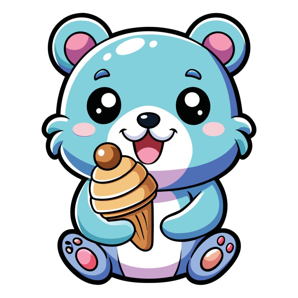 a cute kawaii bear eating ice cream, with clean black outlines, white background Free Vector