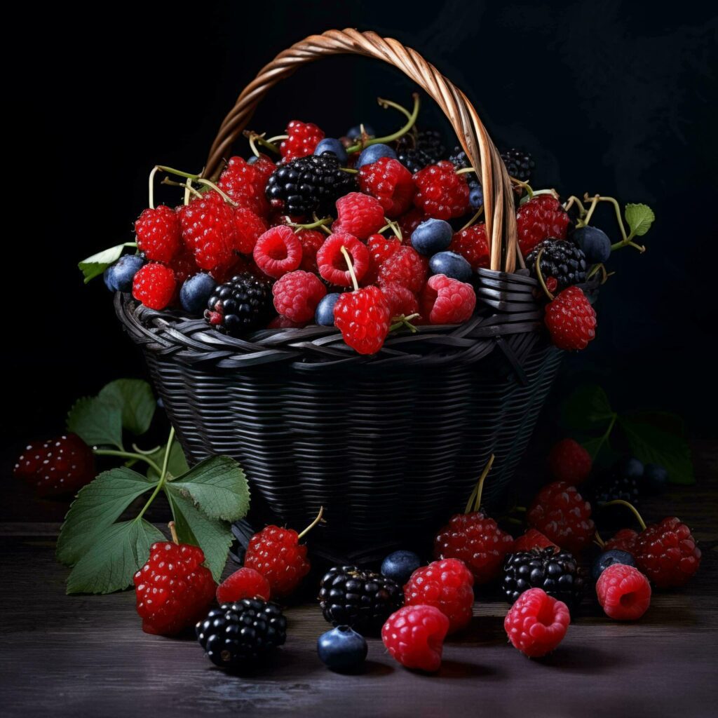 Blackberries, raspberries and blueberries in a wicker basket on a black background Free Photo